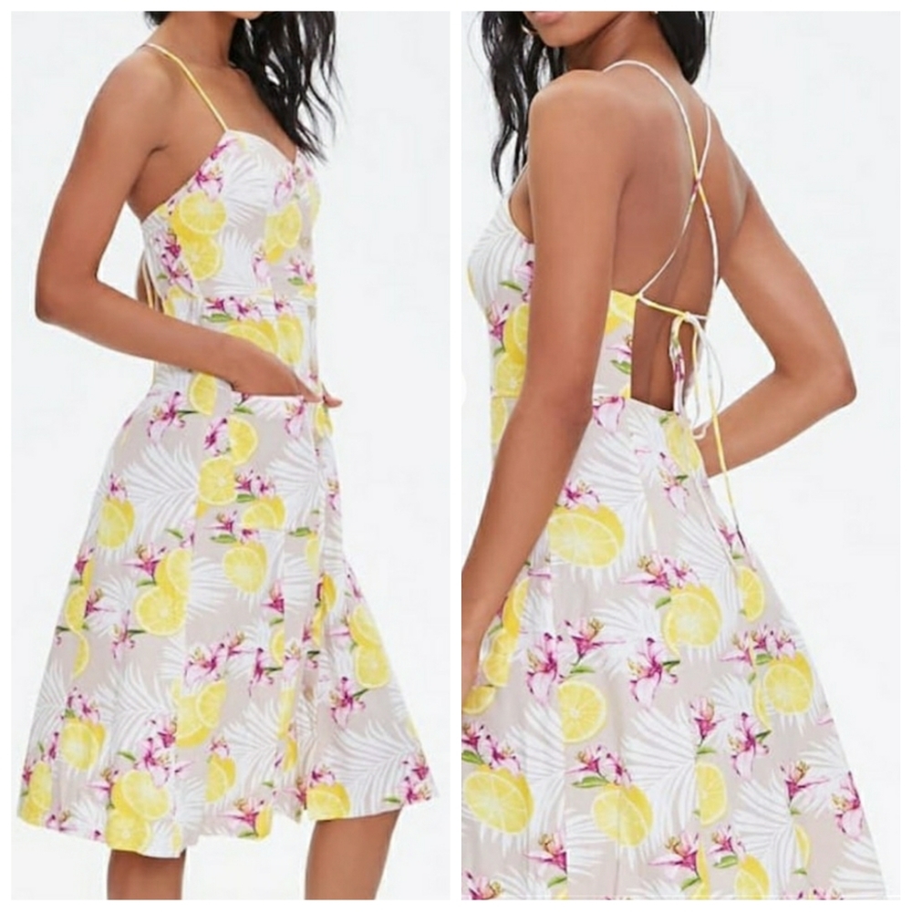 F21 lemon strappy Rayon/linen button down midi dress NWT